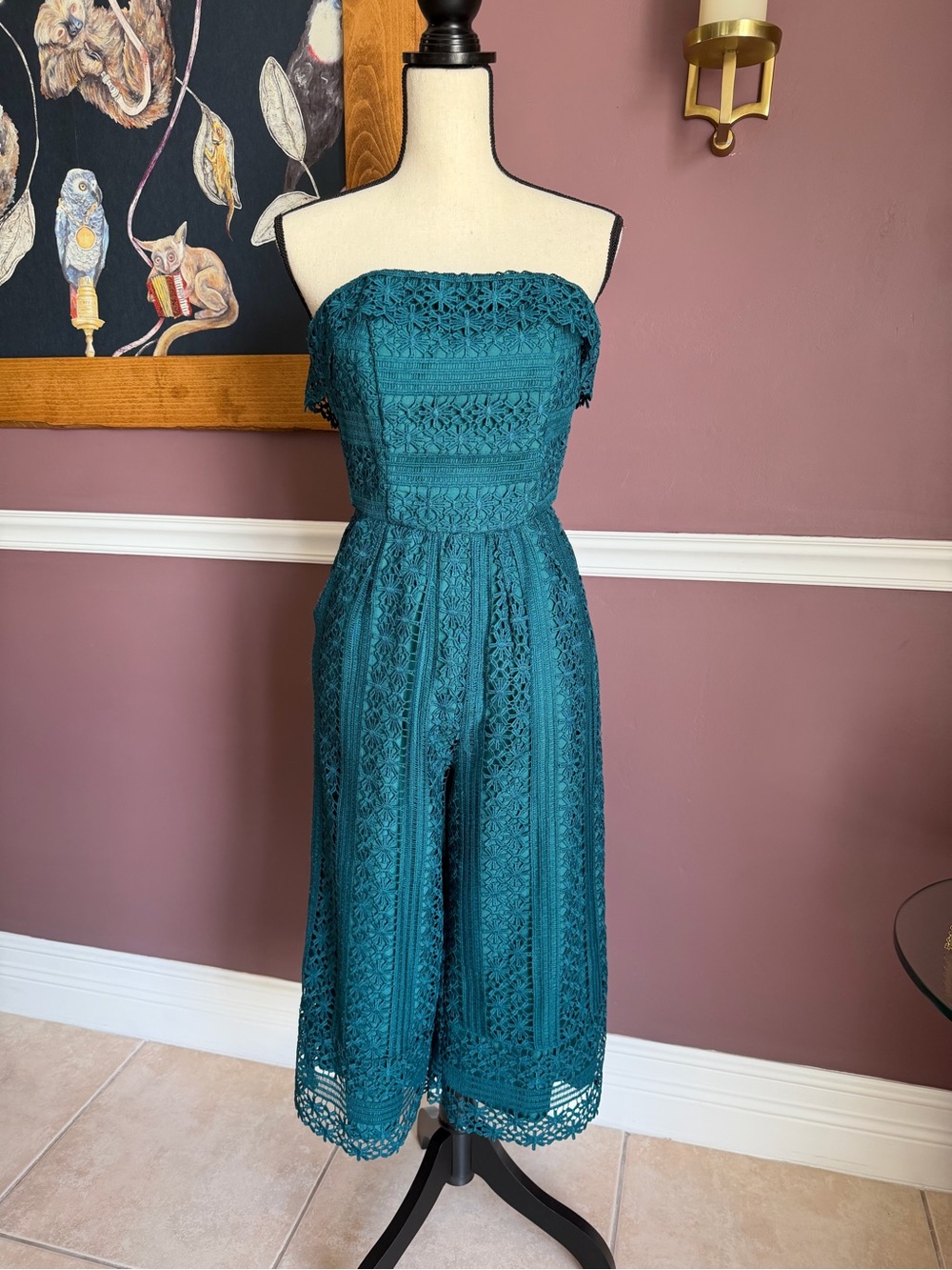 Greylin Anthropologie Teal Strapless Stowe Lace Culotte Cropped Jumpsuit Size XS